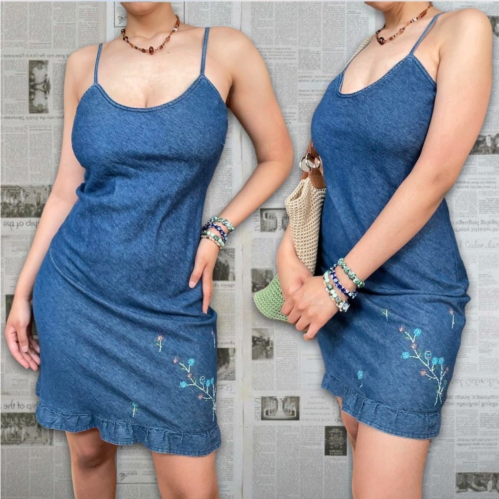 Vintage Denim Floral Embroidery Dress